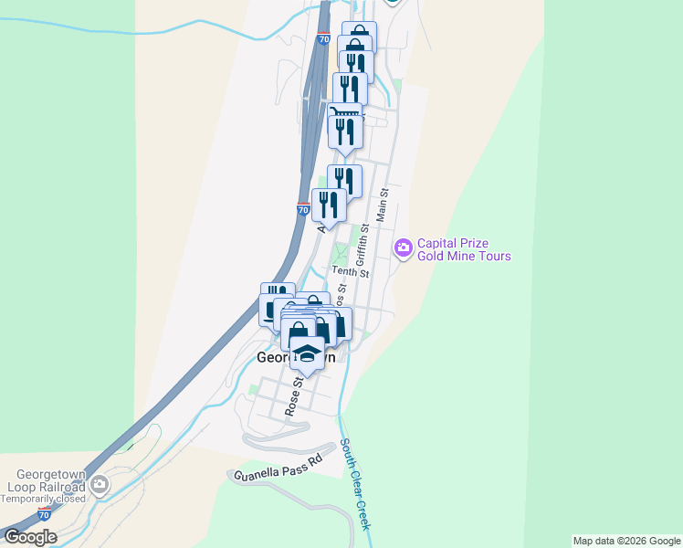 map of restaurants, bars, coffee shops, grocery stores, and more near 1007 Rose Street in Georgetown