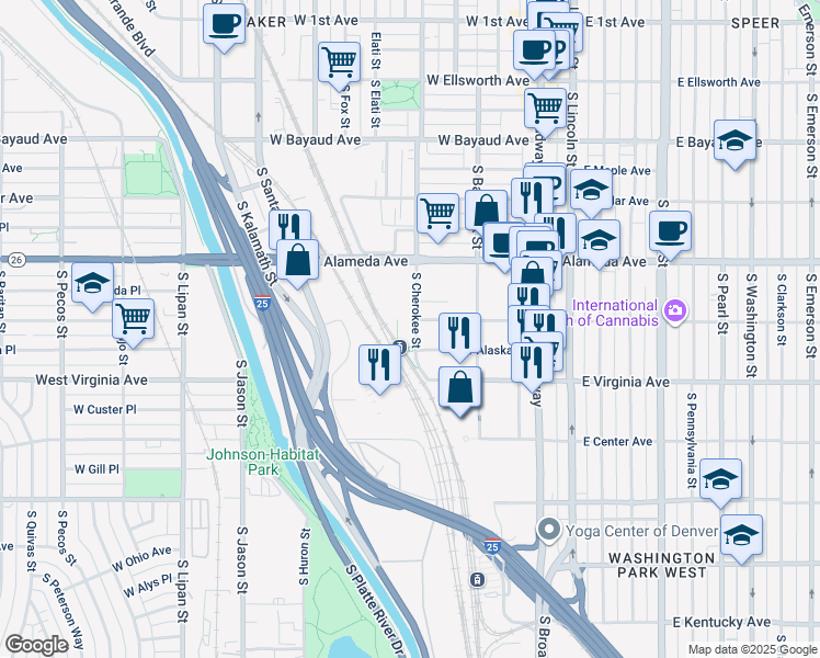 map of restaurants, bars, coffee shops, grocery stores, and more near 415 South Cherokee Street in Denver