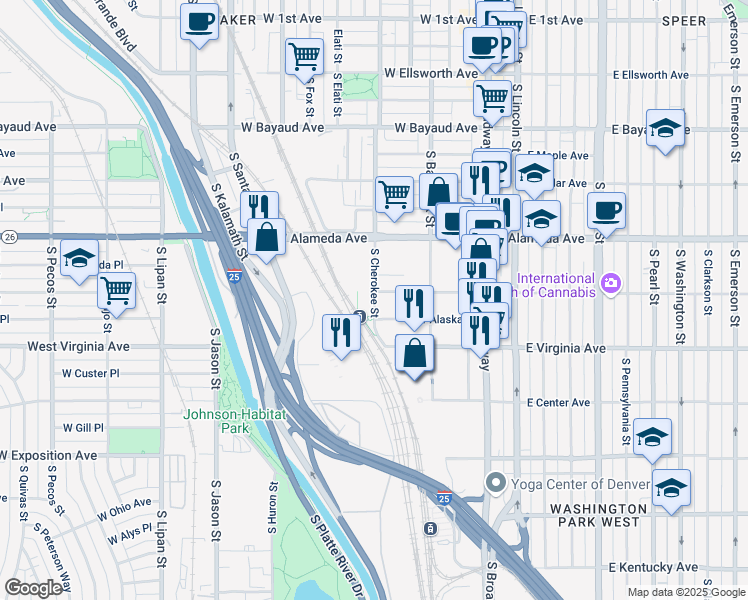 map of restaurants, bars, coffee shops, grocery stores, and more near 415 South Cherokee Street in Denver