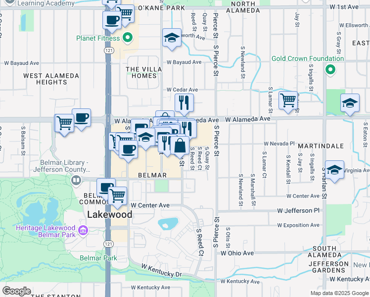 map of restaurants, bars, coffee shops, grocery stores, and more near in Lakewood