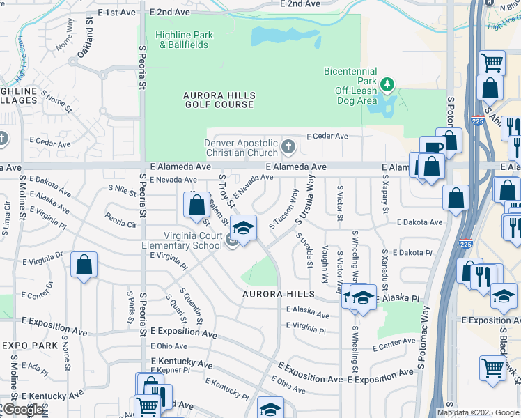 map of restaurants, bars, coffee shops, grocery stores, and more near 12873 East Nevada Circle in Aurora
