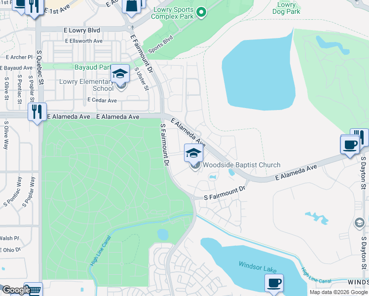 map of restaurants, bars, coffee shops, grocery stores, and more near in Denver