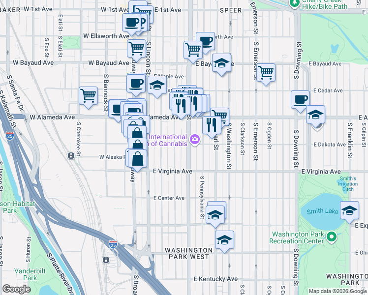 map of restaurants, bars, coffee shops, grocery stores, and more near 394 South Grant Street in Denver