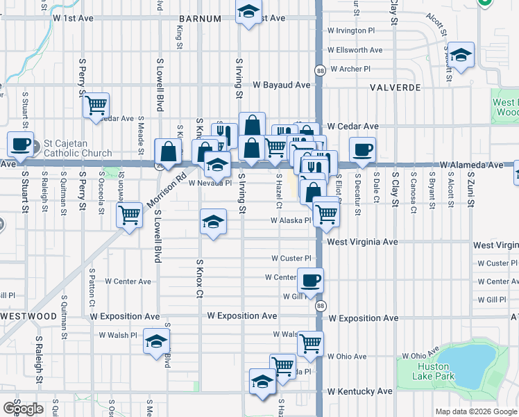map of restaurants, bars, coffee shops, grocery stores, and more near 3195 West Dakota Avenue in Denver