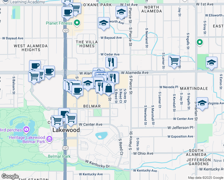 map of restaurants, bars, coffee shops, grocery stores, and more near in Lakewood