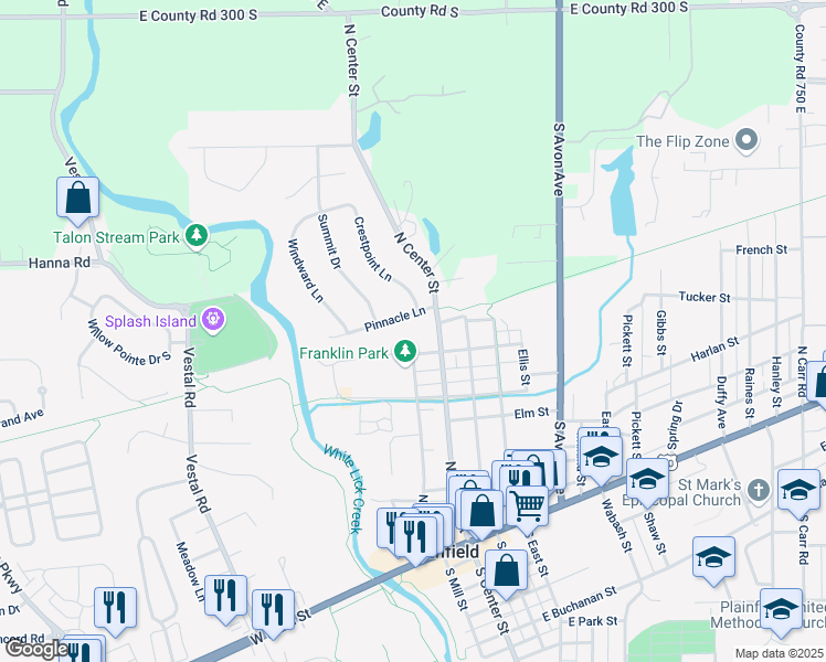 map of restaurants, bars, coffee shops, grocery stores, and more near 201 Pinnacle Lane in Plainfield