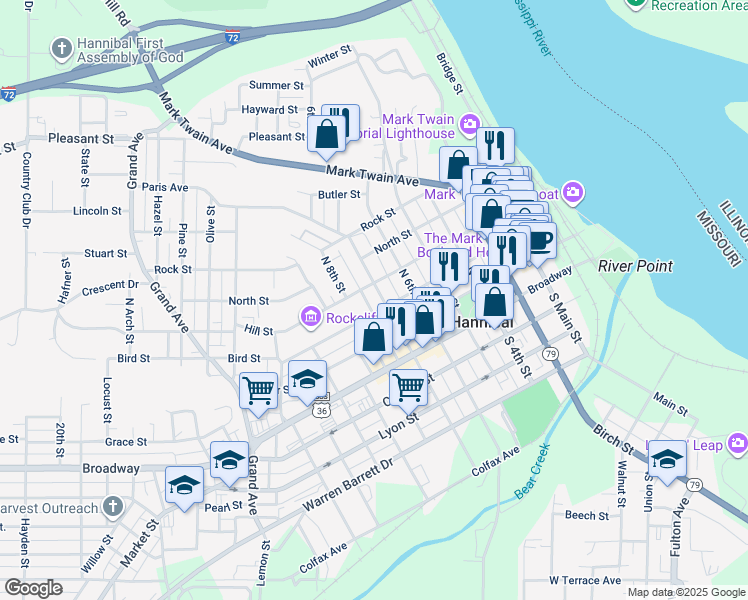 map of restaurants, bars, coffee shops, grocery stores, and more near 319 North 7th Street in Hannibal