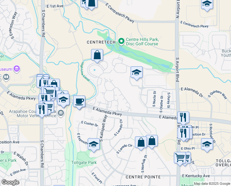 map of restaurants, bars, coffee shops, grocery stores, and more near 427 South Memphis Way in Aurora