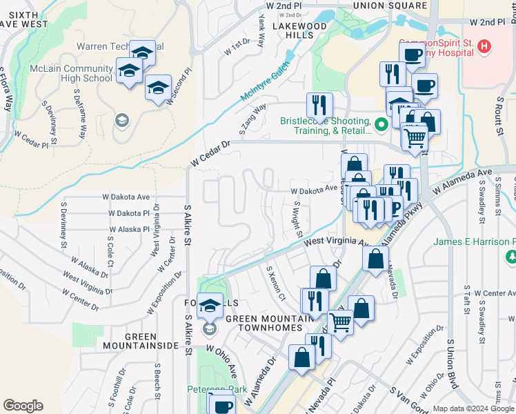 map of restaurants, bars, coffee shops, grocery stores, and more near 12590 West Dakota Avenue in Denver