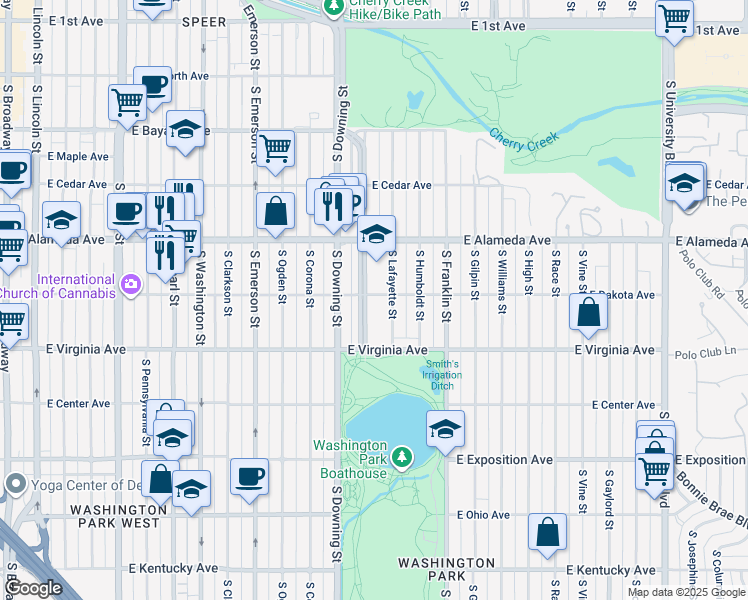 map of restaurants, bars, coffee shops, grocery stores, and more near 420 South Marion Street Parkway in Denver