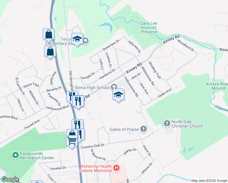 map of restaurants, bars, coffee shops, grocery stores, and more near 303 Kinsey Road in Xenia