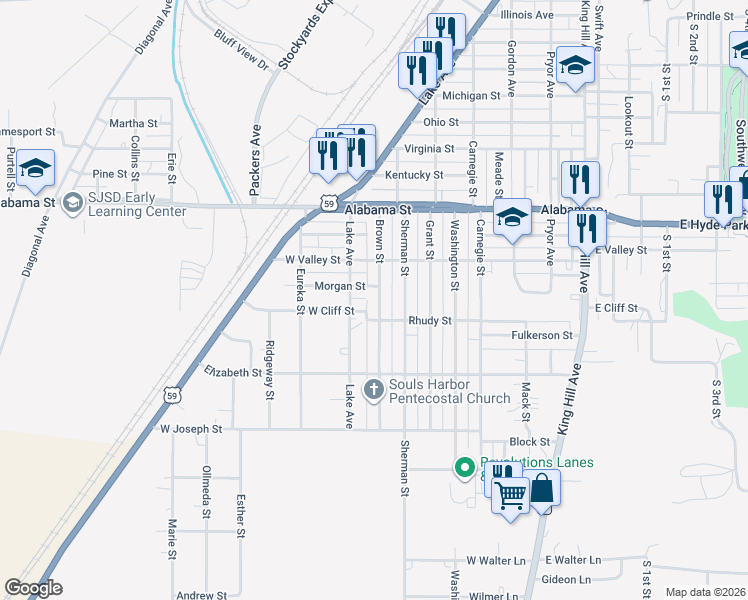 map of restaurants, bars, coffee shops, grocery stores, and more near 820 Morgan Street in Saint Joseph