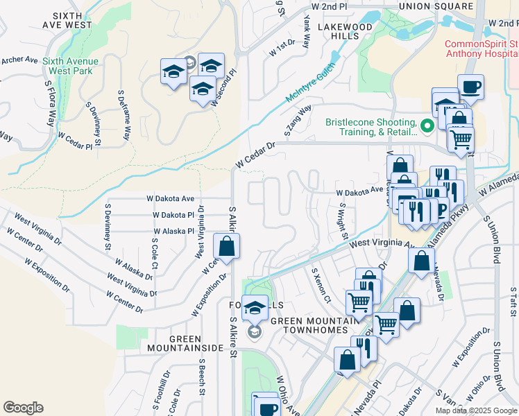 map of restaurants, bars, coffee shops, grocery stores, and more near 468 South Youngfield Court in Lakewood