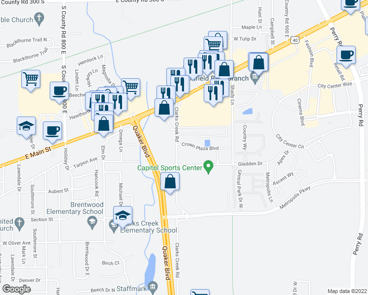 map of restaurants, bars, coffee shops, grocery stores, and more near 1925 Crown Plaza Boulevard in Plainfield