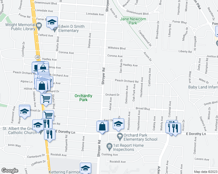 map of restaurants, bars, coffee shops, grocery stores, and more near 2621 Aerial Avenue in Dayton
