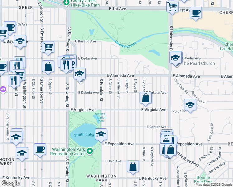 map of restaurants, bars, coffee shops, grocery stores, and more near 401 South Williams Street in Denver