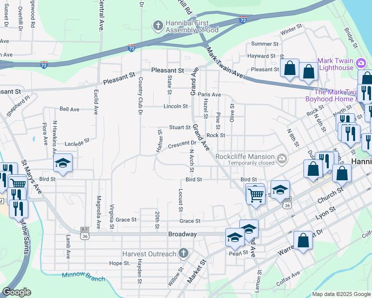 map of restaurants, bars, coffee shops, grocery stores, and more near 1618 Crescent Drive in Hannibal