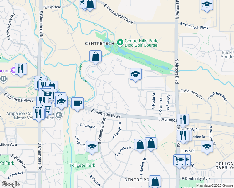 map of restaurants, bars, coffee shops, grocery stores, and more near 427 South Memphis Way in Aurora