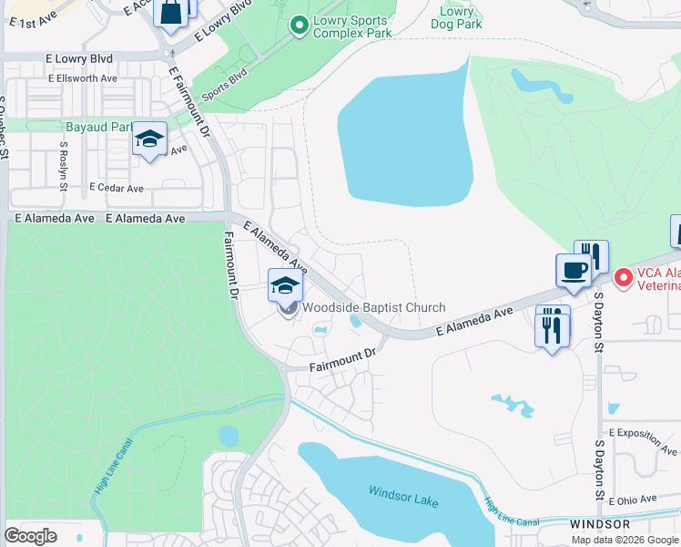 map of restaurants, bars, coffee shops, grocery stores, and more near Cedar Place in Denver