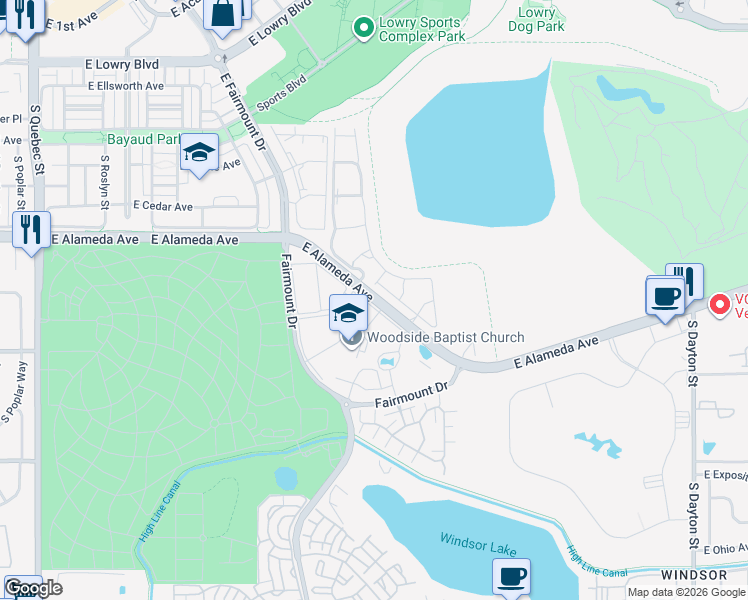 map of restaurants, bars, coffee shops, grocery stores, and more near 8505 East Alameda Avenue in Denver
