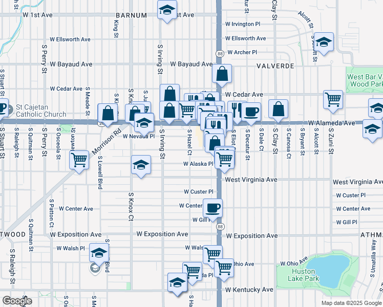 map of restaurants, bars, coffee shops, grocery stores, and more near 3101 West Dakota Avenue in Denver