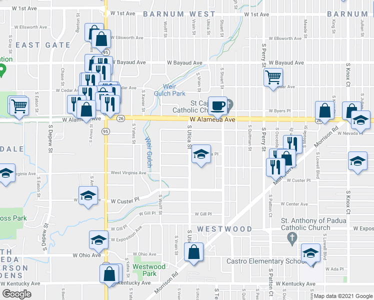map of restaurants, bars, coffee shops, grocery stores, and more near 4516 West Dakota Avenue in Denver