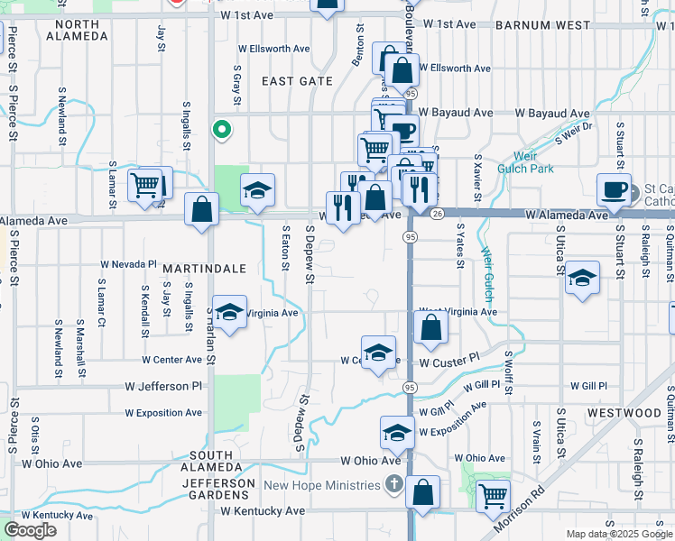 map of restaurants, bars, coffee shops, grocery stores, and more near 420 South Depew Street in Lakewood