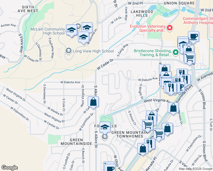 map of restaurants, bars, coffee shops, grocery stores, and more near 468 South Youngfield Court in Lakewood