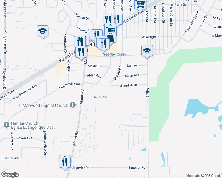 map of restaurants, bars, coffee shops, grocery stores, and more near 4231 Standish Drive in Indianapolis