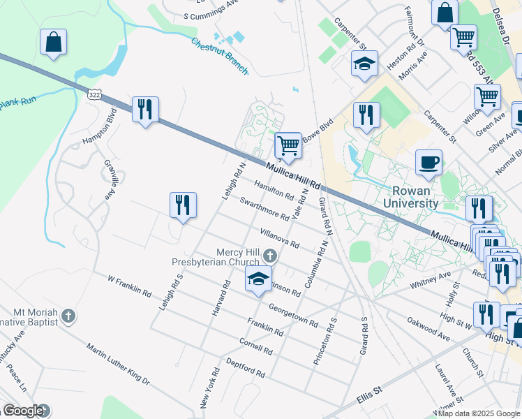 map of restaurants, bars, coffee shops, grocery stores, and more near 402 Swarthmore Road in Glassboro