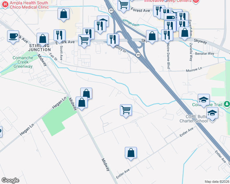 map of restaurants, bars, coffee shops, grocery stores, and more near 558 Paseo Companeros Street in Chico