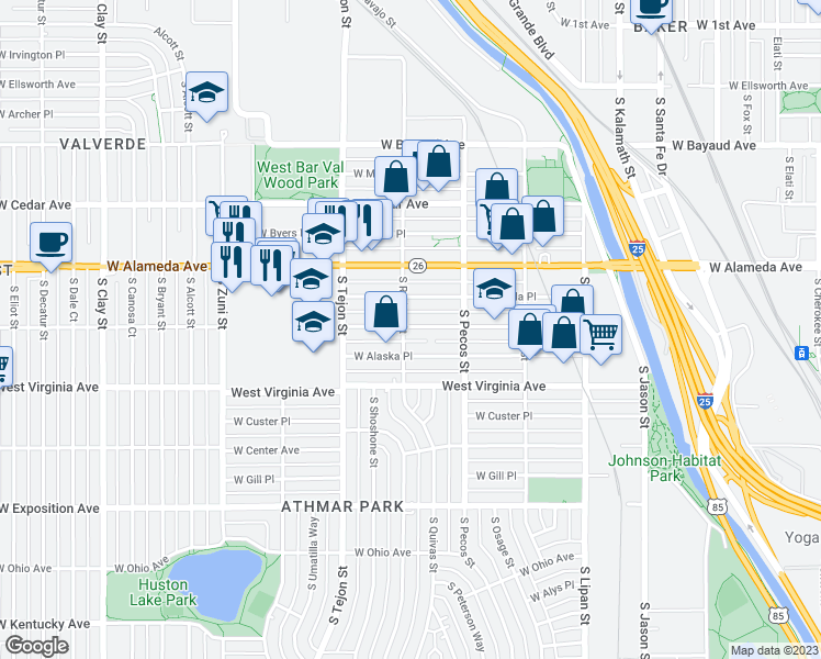 map of restaurants, bars, coffee shops, grocery stores, and more near 1484 West Dakota Avenue in Denver