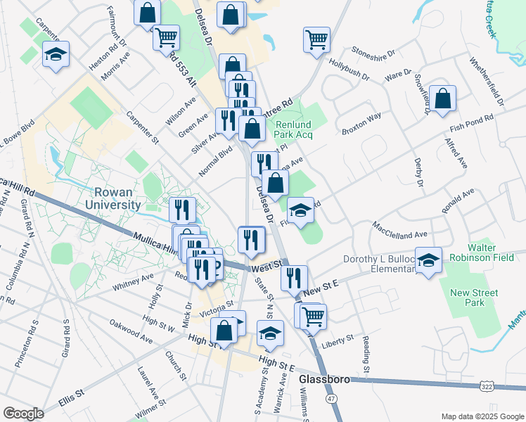 map of restaurants, bars, coffee shops, grocery stores, and more near 319 Delsea Drive North in Glassboro