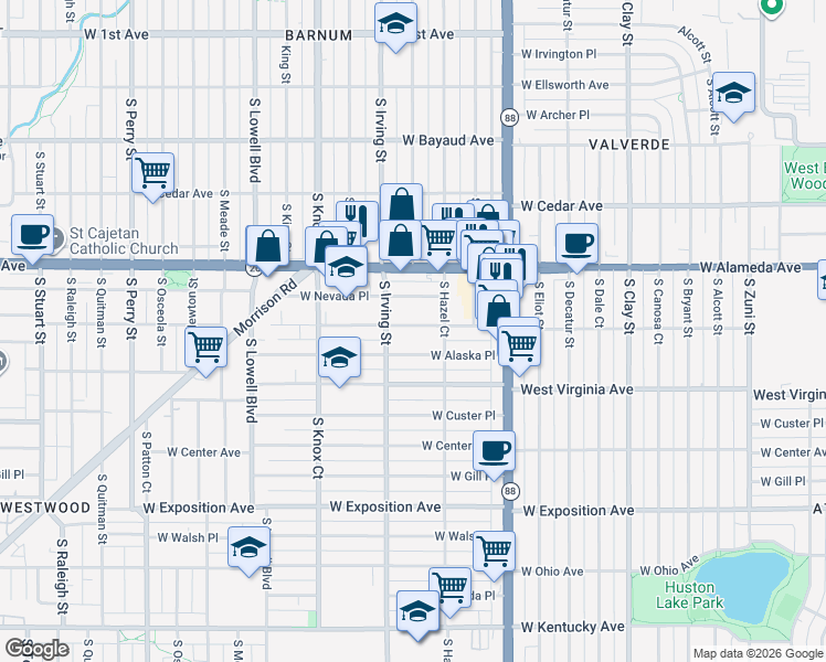 map of restaurants, bars, coffee shops, grocery stores, and more near 3195 West Dakota Avenue in Denver