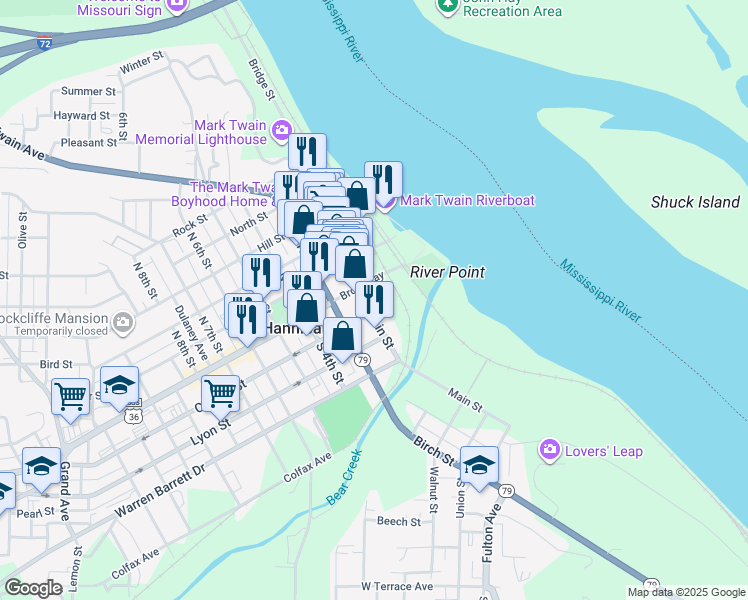map of restaurants, bars, coffee shops, grocery stores, and more near 100 Main Street in Hannibal