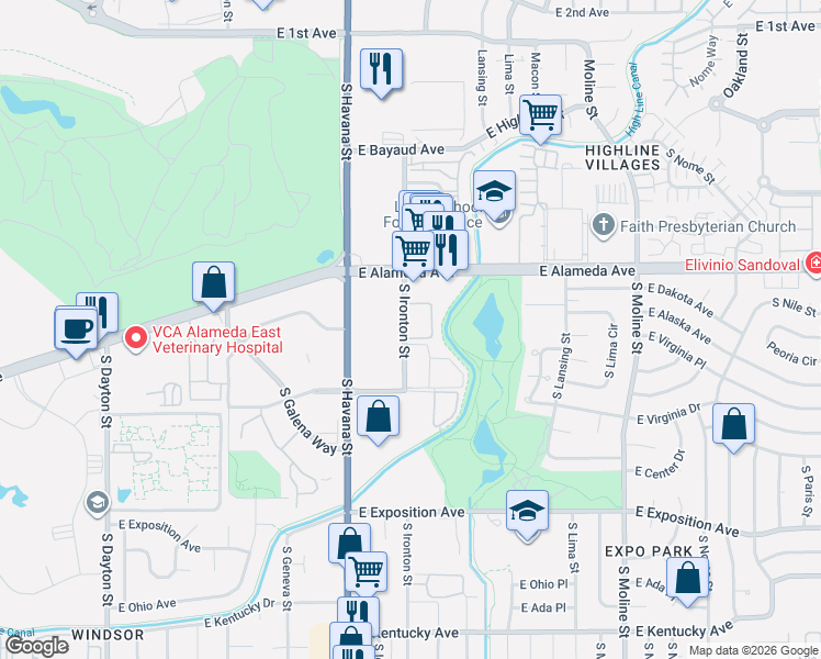 map of restaurants, bars, coffee shops, grocery stores, and more near 384 South Ironton Street in Aurora