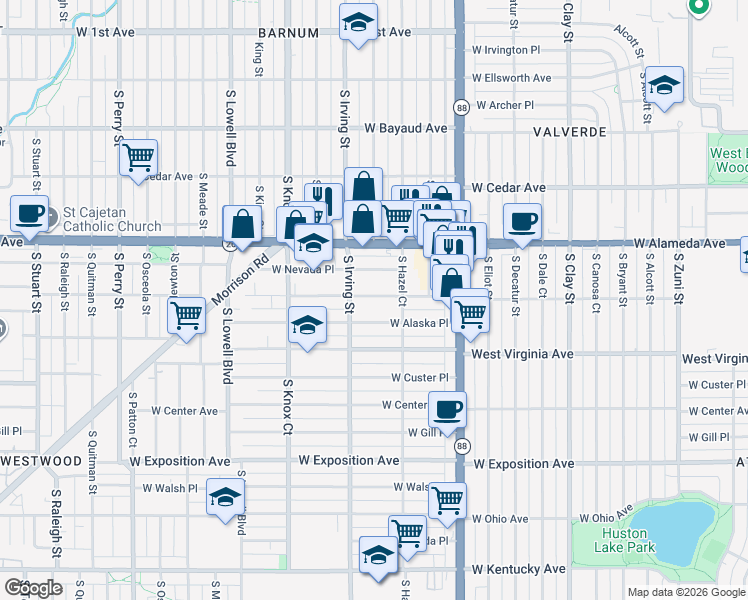 map of restaurants, bars, coffee shops, grocery stores, and more near 3195 West Dakota Avenue in Denver