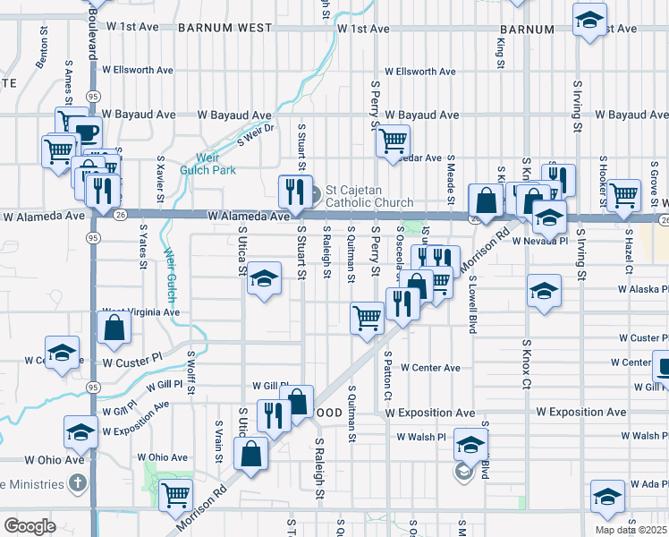 map of restaurants, bars, coffee shops, grocery stores, and more near 398 South Raleigh Street in Denver