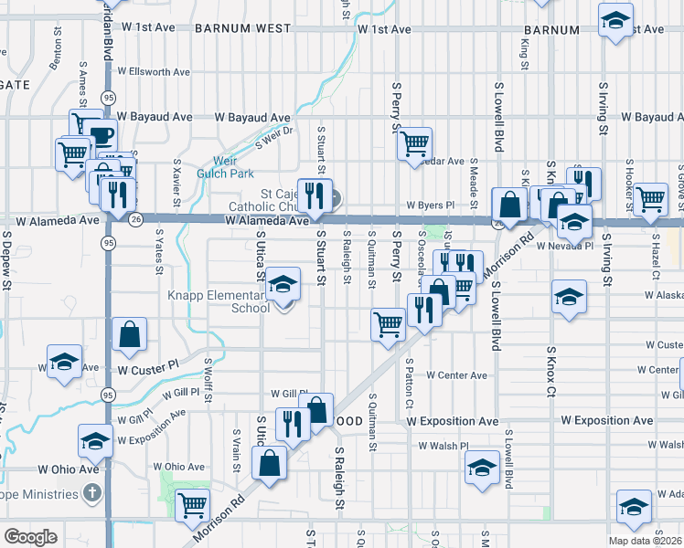 map of restaurants, bars, coffee shops, grocery stores, and more near 398 South Raleigh Street in Denver
