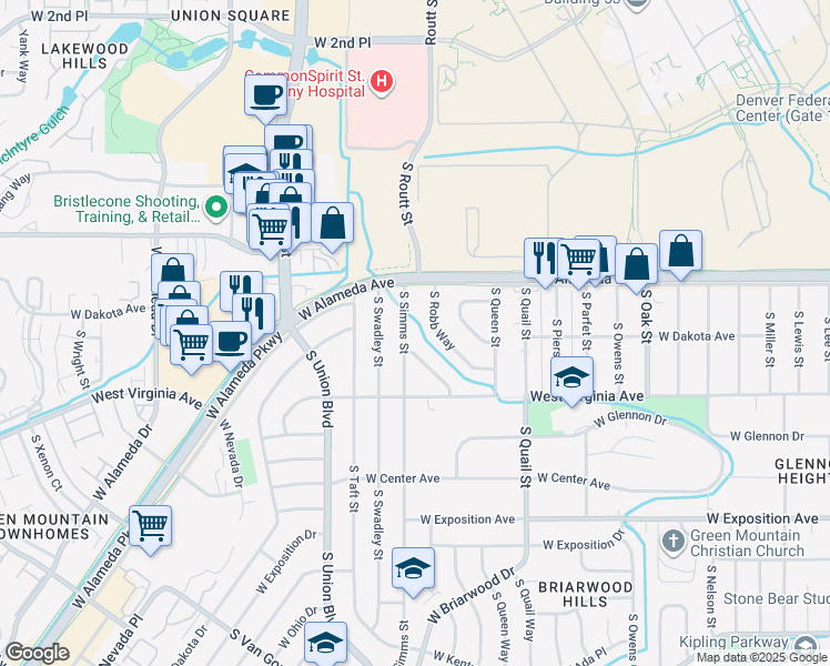 map of restaurants, bars, coffee shops, grocery stores, and more near 373 South Robb Way in Lakewood