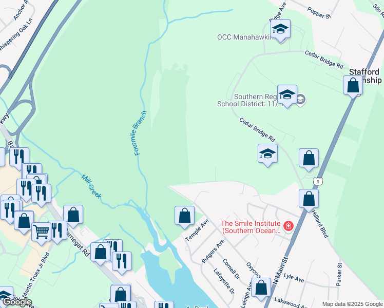 map of restaurants, bars, coffee shops, grocery stores, and more near 180 Littleworth Road in Stafford Township