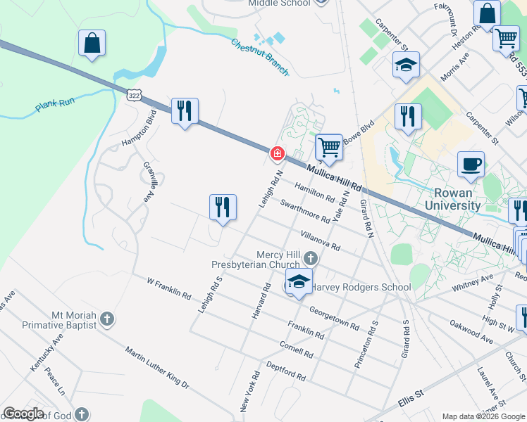 map of restaurants, bars, coffee shops, grocery stores, and more near 412 Swarthmore Road in Glassboro