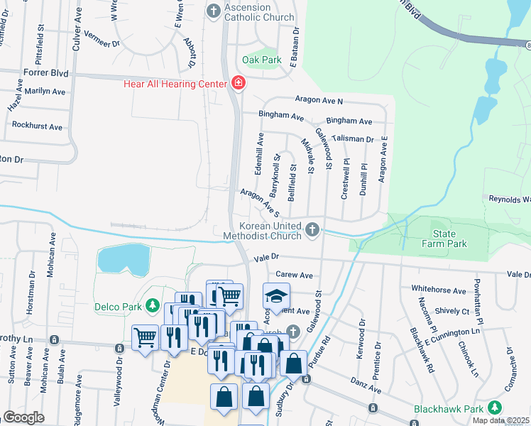 map of restaurants, bars, coffee shops, grocery stores, and more near 2263 Aragon Avenue South in Kettering