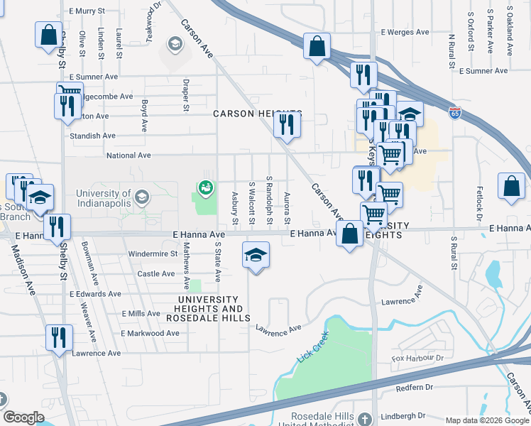 map of restaurants, bars, coffee shops, grocery stores, and more near 3942 South Randolph Street in Indianapolis