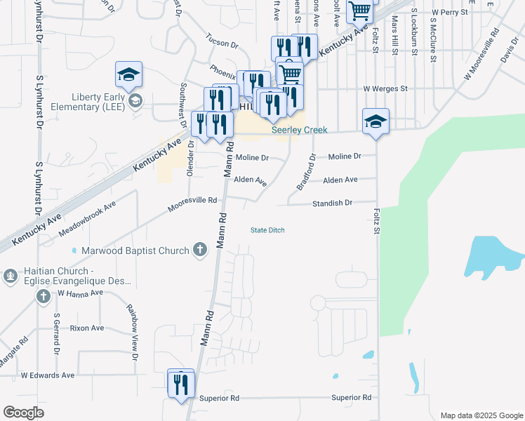 map of restaurants, bars, coffee shops, grocery stores, and more near 4315 Standish Drive in Indianapolis