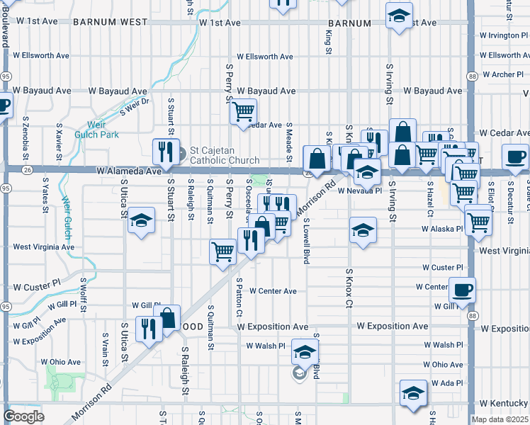 map of restaurants, bars, coffee shops, grocery stores, and more near 401 South Newton Street in Denver