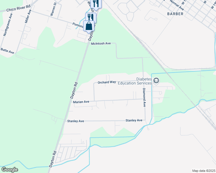 map of restaurants, bars, coffee shops, grocery stores, and more near 1266 Orchard Way in Chico
