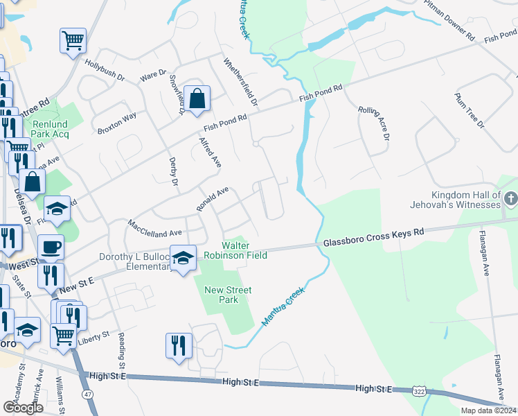 map of restaurants, bars, coffee shops, grocery stores, and more near 60 Pintail Drive in Glassboro