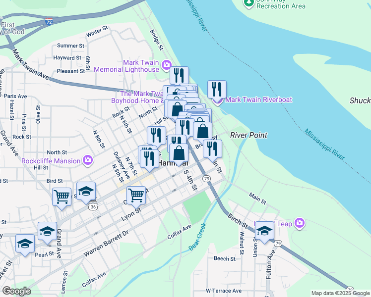 map of restaurants, bars, coffee shops, grocery stores, and more near 302 Broadway in Hannibal