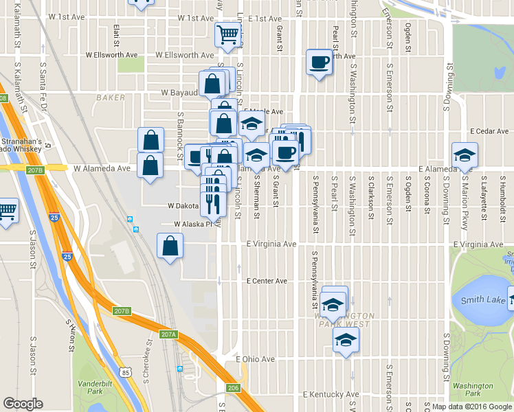 map of restaurants, bars, coffee shops, grocery stores, and more near S Sherman St & E Dakota Ave in Denver